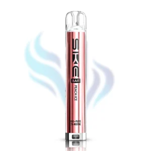 SKE Bar Peach Ice flavour disposable vape in a peach-pink colour, with 600 puffs and 2% nicotine strength. Best UK fruit ice disposable.