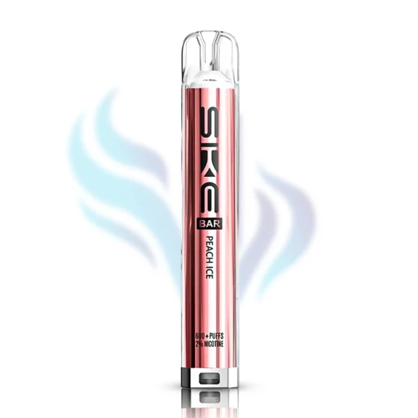 SKE Bar Peach Ice flavour disposable vape in a peach-pink colour, with 600 puffs and 2% nicotine strength. Best UK fruit ice disposable.