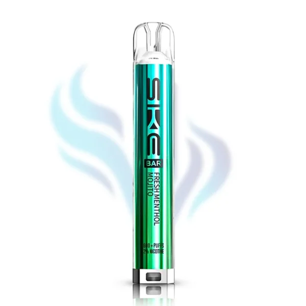 SKE Bar Fresh Menthol Mojito flavour disposable vape in bright teal and green, 600 puffs, 2% nicotine, mint and lime flavour.