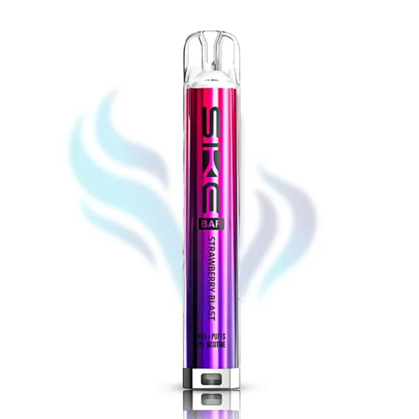 SKE Bar Strawberry Blast disposable vape in a vibrant pink and purple design, 600 puffs, 2% (20mg) nicotine, sweet strawberry flavour.