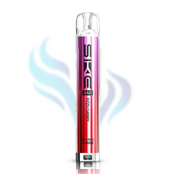 SKE Bar Fizzy Cherry flavour disposable vape in red and pink, 600 puffs, 2% (20mg) nicotine, sweet and fizzy cherry flavour.