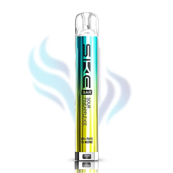 SKE Bar Sour Pineapple Ice flavour disposable vape in a turquoise and yellow gradient, 600 puffs, 2% (20mg) nicotine, sour pineapple and cool menthol.