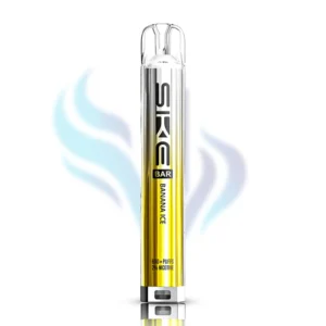 SKE Bar Banana Ice flavour disposable vape in a vibrant yellow, 600 puffs, 2% (20mg) nicotine, sweet banana and cool menthol flavour.