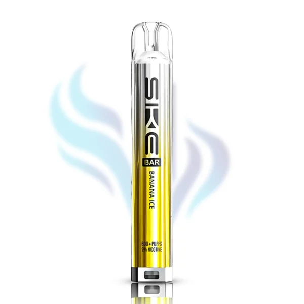 SKE Bar Banana Ice flavour disposable vape in a vibrant yellow, 600 puffs, 2% (20mg) nicotine, sweet banana and cool menthol flavour.