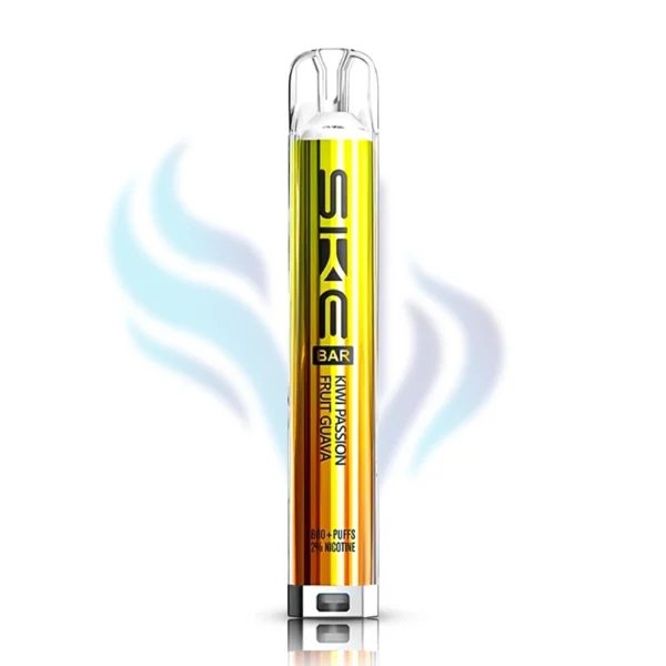 SKE Bar Kiwi Passion Fruit Guava flavour disposable vape in a yellow and orange gradient, 600 puffs, 2% (20mg) nicotine, popular tropical fruit mix.
