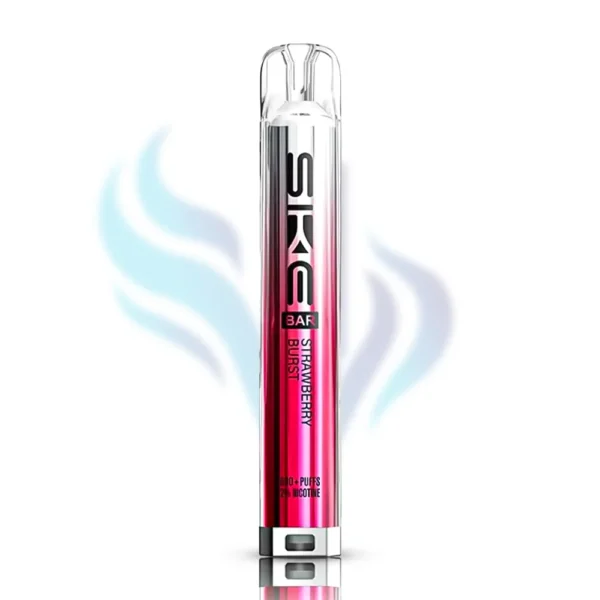 SKE Bar Strawberry Burst flavour disposable vape in a bright red and pink design, 600 puffs, 2% (20mg) nicotine, intense sweet strawberry flavour.